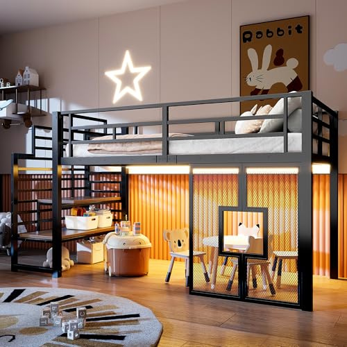 BTM Jugendbett 90 x 200 cm Metall Hochbett mit Schreibtisch, LED-Beleuchtung, Kinderbett mit Treppe, Einzelbett mit Stauraum, Schwarz