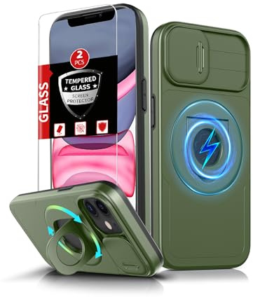 FRLMOOES für iPhone 11/für iPhone XR Hülle kompatibel mit MagSafe Magnetisch Schutzhülle,mit 2 Displayschutz,mit 360°Ständer Ring.sturzsicher und,verschleißfest,Verschiebbare Kameraabdeckung,Grün