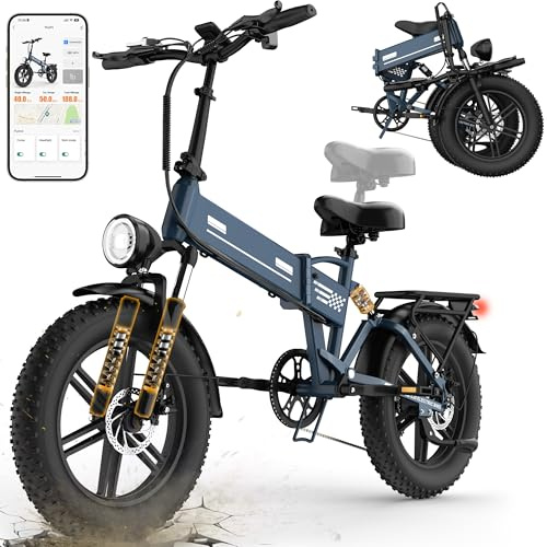 EGGKING Bicicletta Elettrica 20 x 4 Fat Tire, Autonomia 50-80 Km, Doppia Sospensione e 7 Velocità, E-Bike per Adulti, Batteria Rimovibile 48V 15 Ah, Display e Controllo APP