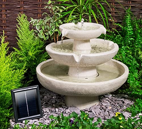 Primrose 44cm Solar Powered Ivory Stone Effect Round 3 Tiered Outdoor Cascading Water Feature Self Contained