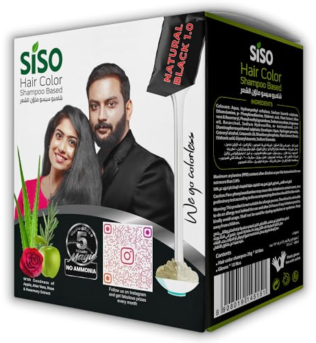 Siso Haarfarben-Shampoo (Ammoniakfrei), 15 ml, 20 Stück, Schwarz, für natürliches schwarzes Haar in nur 5 Minuten, hält bis zu 3 Wochen, stärkt und pflegt Haar und Wurzeln