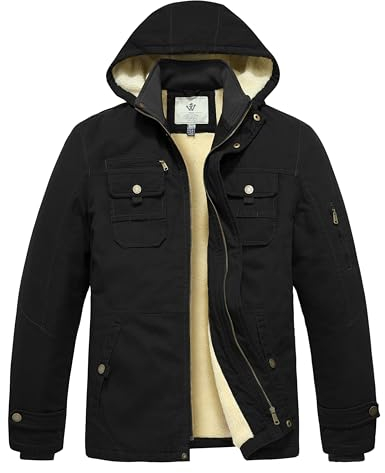 WenVen Cappotto Militare Invernale Caldo Parka con Cappuccio Staccabile Antivento Giacca Media Lunga in Pile Giubbotto da Lavoro Classico Uomo Nero M