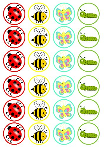 Cute Insect Edible Cupcake Toppers – Bumble Bee, Ladybird, Caterpillar, Butterfly, Fun Bug-Themed Cake Decorations for Birthdays & Garden Parties – Wafer Card 24 x 4cm/1.5 Inch Disc (UNCUT)