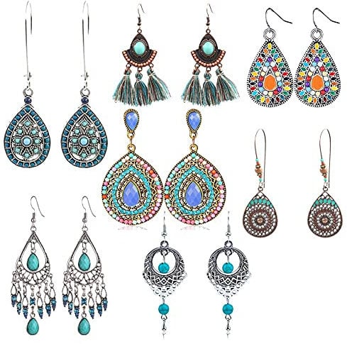 7 Paar Böhmische Ohrringe Vintage Boho Ohrringe baumeln Tropfen Haken Ohrringe Metall Retro Strass Ohrstecker Hippie Ohrringe Set Türkis Böhmen Schmuck Anhänger Ohrringe für Frauen Mädchen