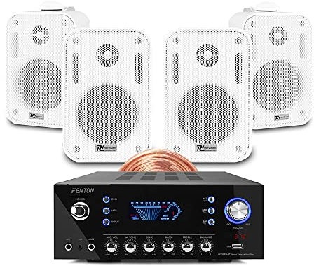 Power Dynamics BGO30 White Wall Speakers Set of 4 with Bluetooth Amplifier – Weatherproof Indoor & Outdoor Speaker System for Home, Office & Garden – Easy Installation, 240W Max Output