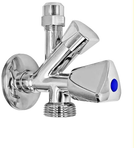 MegaHaustechnik Kombi-Eckventil Wandanschluß selbstdichtend 3/8 Zoll AG, Rückflußverhinderer, Quetschanschluß für 10mm Rohr AußenØ, 3/8“ AG für Flex- Panzerschlauch, Auslauf mit 3/4 Zoll Außengwinde