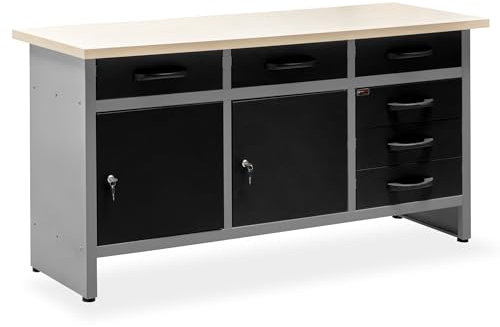 METALLMOBELL - Banco da lavoro professionale 160 x 60 x 84 cm, con cassetti e armadietto con serratura, banco da lavoro per officina, falegnameria, banco per attrezzi, MB-010