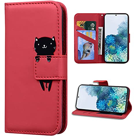 Norn hülle für Samsung Galaxy S20+Plus,Cartoon Cute Katze Stoßfeste Handyhülle Brieftasche Klapphülle mit Kartenfach Ständer,PU+TPU Leder Wallet Flip Phone case Cover,Magnetverschluss,Rot