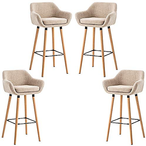 Tabourets de Bar Lot de 4 Grant en Tissu de Lin, Tabouret de Bar avec Dossier et Accoudoirs Pieds en Bois, Siège de Bar Confortable Chaises Hautes 64cm (4, Beige)