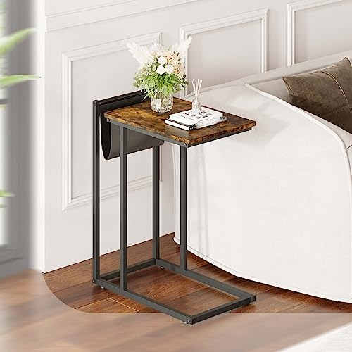 Novilla Beistelltisch, C-Form Sofatisch mit Lagerung, Mobiler Kaffeetisch, Wohnzimmertisch mit Metallgestell, Couchtisch für Kaffee und Laptop, 35 x 55 x 68 cm, Industrie-Design, Vintage Braun