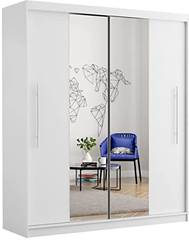 Fabryka Mebli Idźczak Kleiderschrank mit Spiegel, Wohnzimmerschrank - Weißer Schwebetürenschrank, Schlafzimmerschrank - 58 x 204 x 218 cm - Schrank für Schlafzimmer, Wohnzimmer, Garderobe
