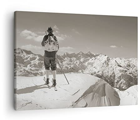 ARTTOR Bilder auf Leinwand Skifahrer Bayern Sepia Leinwandbild 70x50cm Wandbilder Dekoration Wohnzimmer Schlafzimmer Küche Deko Klein Wanddeko Bild Wand Kunstdruck Art Wall Decor Canvas AA70x50-4192