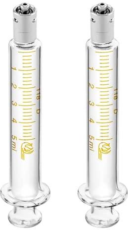 2 Stück Glasspritzen mit Kappen, 5 ml Luer Lock wiederverwendbare Glasspritze, Metall Luer Lock Kaliber Injektor Laborprobe für Labor