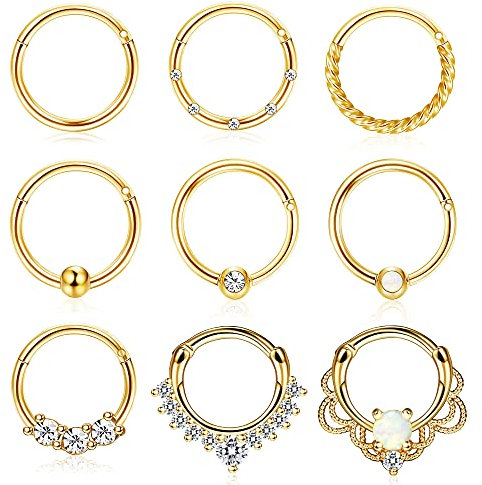 Kakonia 9Pcs Septum Jewelry 16G Daith Earrings Hoop Nose Ring for Women & Men - CZ Opal Septum Clicker Hinged Nose Ring - Stainless Steel Cartilage Tragus Helix Piercing Jewelry - 10MM Gold