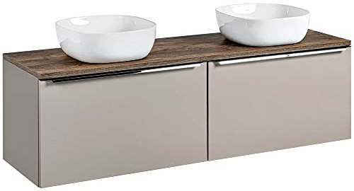 Lomadox Badmöbel Doppel Waschtisch Unterschrank Set 160cm, Taupe mit Vintage Oak Eiche, 2 Keramik-Waschbecken, 2 Softclose-Schubkästen, B/H/T 160,4/62,5/46 cm