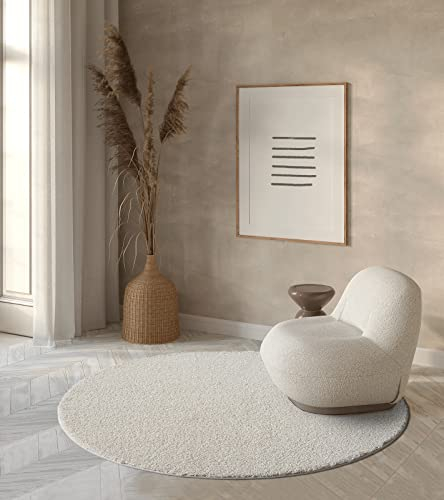 the carpet Grande Moderner Flauschiger Dichter Kurzflor Wohnzimmer Teppich, Supersoft Feeling, Elegant und Pflegeleicht, Creme, 120 cm Rund