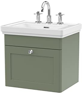 nuie CLC891B Classique Traditional Bathroom Wall Hung 1 Drawer Vanity Basin Unit with 3 Tap Hole Fireclay Basin, 500mm, Satin Green