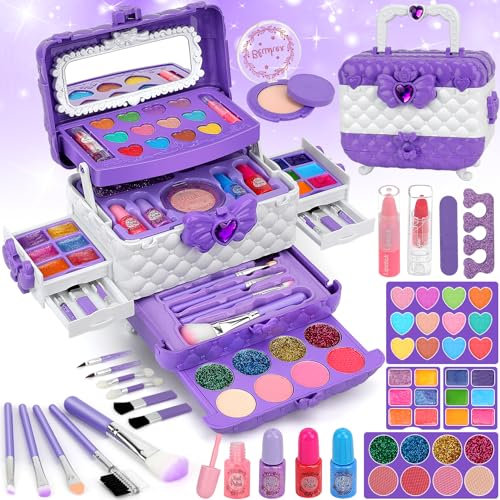 Flybay Coffret Maquillage Enfant Lavable Jouet Créatif Sécurisé pour Filles 3-10 Ans Idée Cadeau Anniversaire & Noël (Purple-Maquillage Enfant)