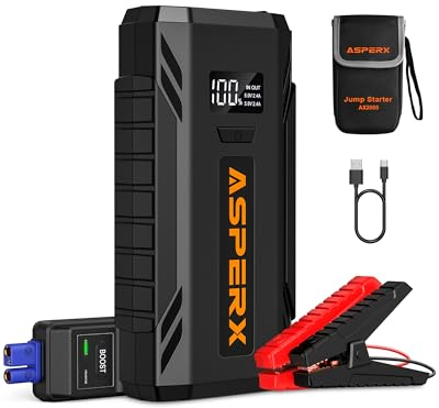 AsperX Booster Batterie Voiture 2000A, Chargeur Batterie Voiture 12V Portable (Jusqu’à 8,0L Gaz ou 6,5L Gazole), Démarreur Batterie Voiture avec Lampe LED et Ecran LCD de 1,4 Pouces