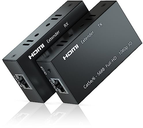 HDMI Extender, 1080P HDMI Transmitter and Receiver Up to 60 Meters(196ft), HDMI Ethernet Sender Repeater Over Singal RJ45 Cat5e/Cat6/Cat7 Ethernet LAN Cable, HDMI to RJ45 and RJ45 to HDMI Transmitter