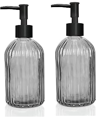 2 Pack Glass Soap Dispensers, 400 ML/14Oz Pump Bottle Dispenser, Refillable Hand Soap Dispenser Bottle for Kitchen, Bathroom, Laundry Room (2 PCS Grey)