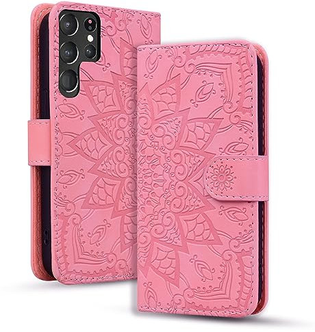 Rosbtib Funda Móvil para Samsung Galaxy S23 Ultra 5G Cover de Cuero Premium PU con Cierre Magnético y Función de Soporte Flip Cover Mandala en Relieve Samsung Galaxy S23 Ultra 5G - Rosa