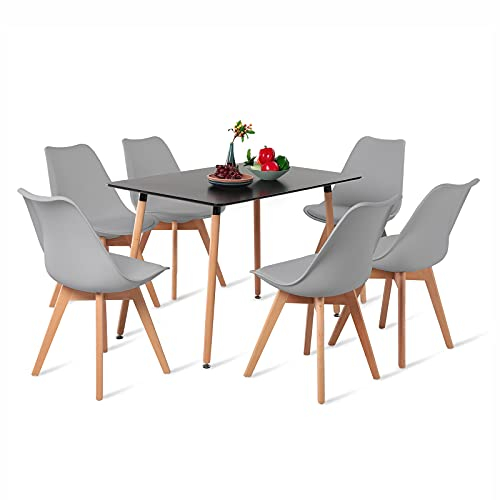 H.J WeDoo Esstisch mit 6 Stühlen, rechteckiger Esstisch 110 cm, geeignet für Esszimmer, Küche, Wohnzimmer | Schwarz Tisch + graue Stühle