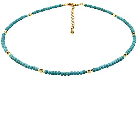 Aleasha Türkis Halskette Damen Gold Boho Kette kurze Choker Edelstahl Perlen Stein Fossil Sommer Strand handgefertigte verstellbare 37cm Schmuck Geschenke