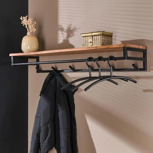RINGO-Living Wandgarderobe mit 6 Haken & Ablage Kleiderstange, Kleider Garderobe Flur aus Holz & Metall, rustikale Wandregal Garderobe, Garderobe Massivholz, stylische Flur, Hängeregal Industrial