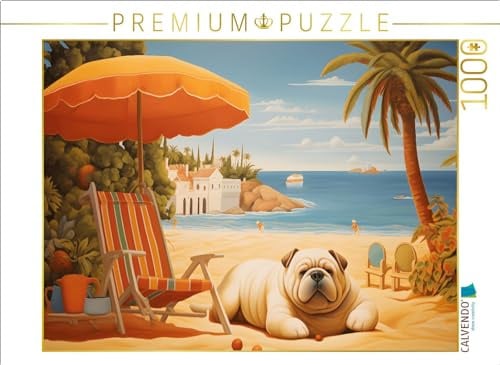 Puzzle · Hund liegt am Strand und sonnt Sich am Meer | Ein von Botero inspiriertes Kunstwerk · 1000 Teile · Lege-Größe 64 × 48 cm · CALVENDO Puzzle