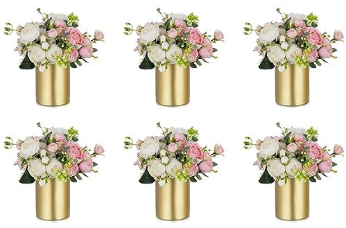 NUPTIO Vase Fleur Centre de Table: 6 Pièces 13cm Mariage Vase Doré Artificielle Table Petit Métal Fleuri Rose Cylindre Salle à Manger Deco Salon Fete Modern Esthétique Decoration
