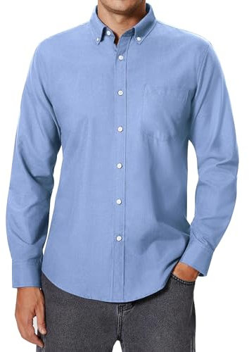 siliteelon Men's Oxford Shirt Long Sleeve Smart Casual Plain Regualr Fit Button Down Shirts with Pockt Blue M
