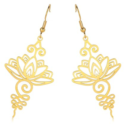 LEEQBCR 1 Paar Damen Lotus Buddha hängende Ohrringe, Lotus Damen Yoga Amulett Nummer, Schmuck Edelstahl Lotus Buddha Ohrringe (Gold)