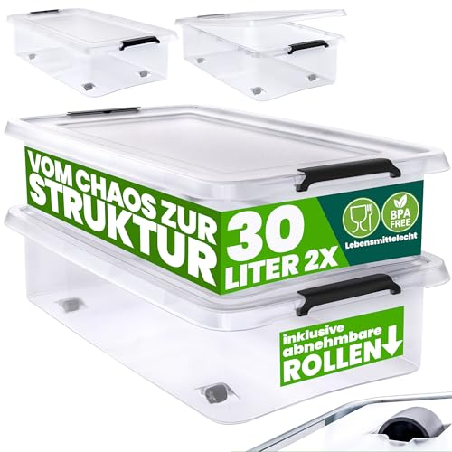 Deuba® Aufbewahrungsboxen 2 x 30l mit Deckel und Rollen, stapelbar, transparent Kunststoff BPA-frei Klickverschluss, RB60 für Büro, Garage, Waschraum