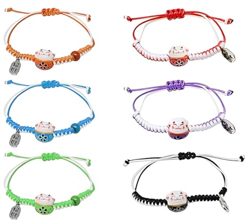 HZAOPZE 6 pcs Braccialetti Corda Gatto Maneki Neko Gatto Braccialetti Della Fortuna Portafortuna in Ceramica Bracciale Portafortuna Intrecciato con Perline in Ceramica con testo di benedizione