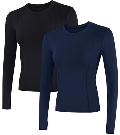 IECCP Damen Sport T-Shirt 2er Pack Funktionsshirt Laufshirt Fitness Shirt Trainingsshirt Langarm für Running Workout Gym mit Daumenlöcher Schwarz und Dark Blau M