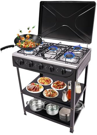 Barbacoa de gas de 5 quemadores, estufa de gas natural portátil con 5 quemadores, eficiente y versátil, para camping, pesca y más, independiente, potencia de combustión de 2,5 kW
