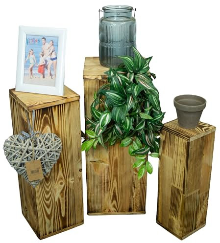 Kistenkolli Altes Land 3er Set Dekosäulen viereckig 24x24x60cm Holzblock Holzständer (Geflammt)