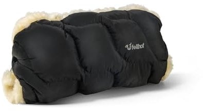 Fellhof® Kinderwagen Handwärmer Winterberg, 100% Merino-Lammfell, wind- u. wasserabweisend, reflektierende Streifen, OEKO-TEX® zertifiziert, Universalgröße für alle Kinderwagen schwarz