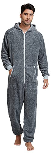 Pigiama Tutina Uomo con Cappuccio Caldo Addensato in Pile Morbido Cerniera Intera Manica Lunga Monopezzo Autunno Inverno Jogging Sportiva Tuta da Casa Notte Morbido