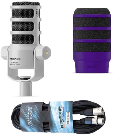 Rode Podmic Microphone de haut-parleur dynamique USB XLR avec protection anti-pop WS14PU et câble XLR Keepdrum Blanc