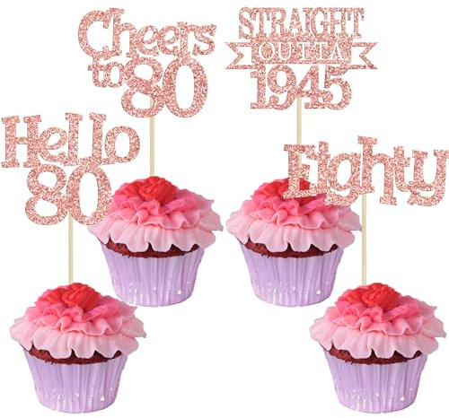 Ephlyn 24Pcs Happy 80th Birthday Cupcake Toppers Glitter Straight Outta 1945 Cupcake Picks Hello 80 Cheers to 80 Years Birthday Cake Decorations for 80th Birthday Anniversary Party Supplies Rose Gold