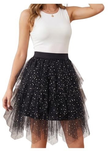 WERFORU Damen Tüllrock Midi Geschichtetes Mesh-Design Tüllrock Elastischer Taillenbund A-Linie Netzrock für Party Alltag und Festlichkeiten