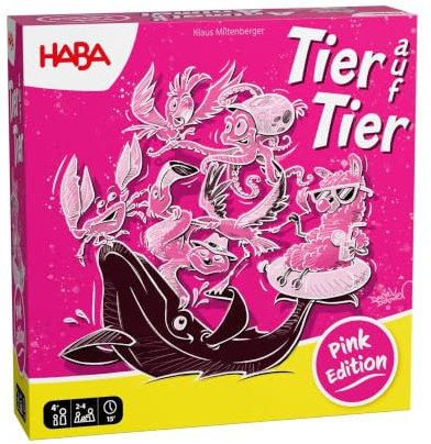 HABA Tier auf Tier Pink Edition – Stylisches Stapel- und Würfelspiel | Kinderspiel aus Holz mit 25 coolen Tieren, Wackelspaß für die ganze Familie – Geschenk-Idee Für Kids ab 4