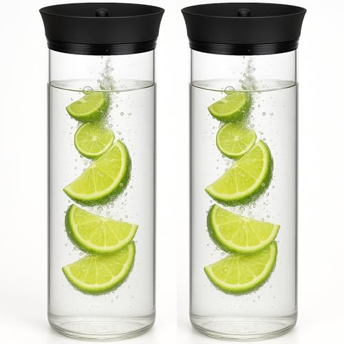 Wasserkaraffe Glas 2er Set – 1L mit Deckel & Siebeinsatz – BPA-frei, hitzebeständig & auslaufsicher – für Infused Water, Tee & erfrischende Getränke zuhause & im Büro