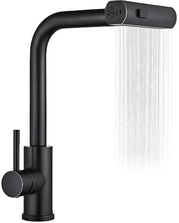 BAIFULAI Robinet de cuisine extensible avec douchette extensible, mitigeur d'évier extensible à levier unique avec douchette 3 modes, 1 trou pivotant à 360 °, cascade haute pression en acier