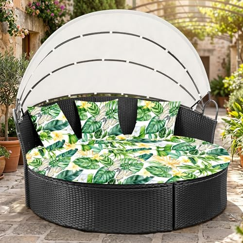 LiveGo Outdoor-Tagesbett-Kissenbezug, 167,6 cm, Ersatz-Tagesbettbezug mit Gummiband, Sonnenliegen-Kissenbezug, runde Outdoor-Bett-Kissenbezüge (grüne Blätter, 1 runder Bezug + 3 Kissenbezüge)