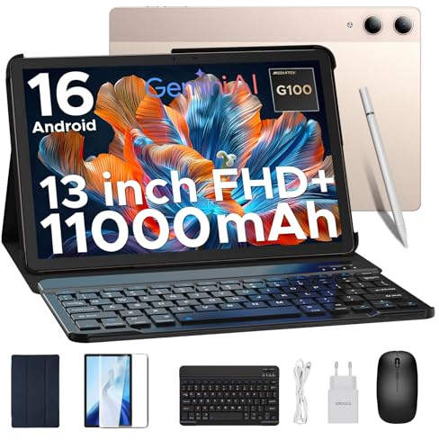 DOOGEE Tab E3 Pro Android 16 Tablet 13 Pollici Helio G100, 7.9mm Ultra-Sottile, 1920 * 1200 FHD+, 11000mAh Tablet con Tastiera, 32GB RAM+256GB ROM, 4G LTE+5G WiFi, 13MP+8MP Quattro Altoparlanti, Oro