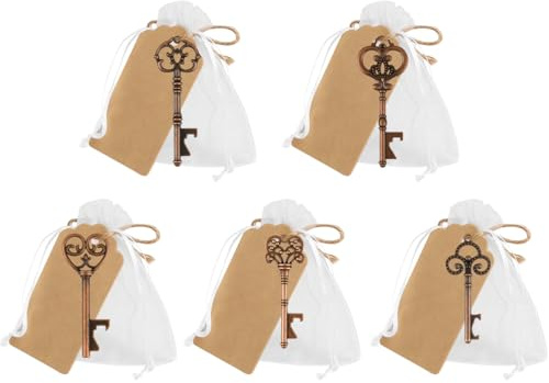 POUMUE 50 Pcs Bomboniere Matrimonio Chiave Apribottiglie: 5 Stili chiavi apribottiglie vintage con Borsa Trasparente, Etichetta Regalo, Nozze Compleanno, Battesimo Cresima Regali di Anniversario