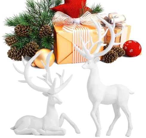 Lnhgh Rentier Figur - Kunstharz Weihnachts Tischdekoration 2-Teilig - Weiß Silberne Rentier Figuren Tischdekoration - Für Zuhause Wohnzimmer Küche Schlafzimmer Büro Studierzimmer Kamin Kaminsims